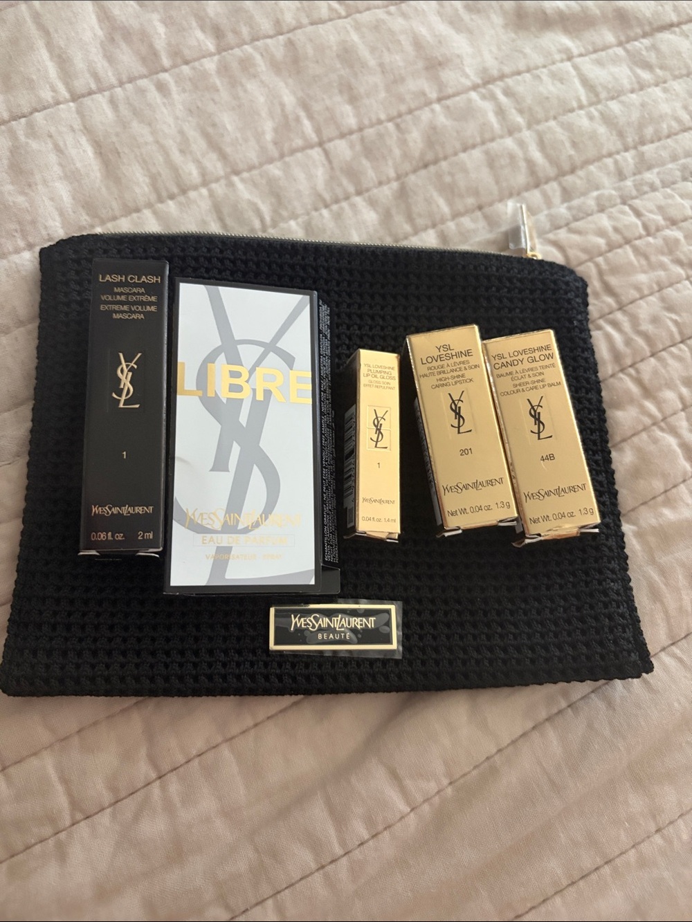 Yves Saint Laurent Black Woven Zip raffia Pouch with Gold Accents and samples.